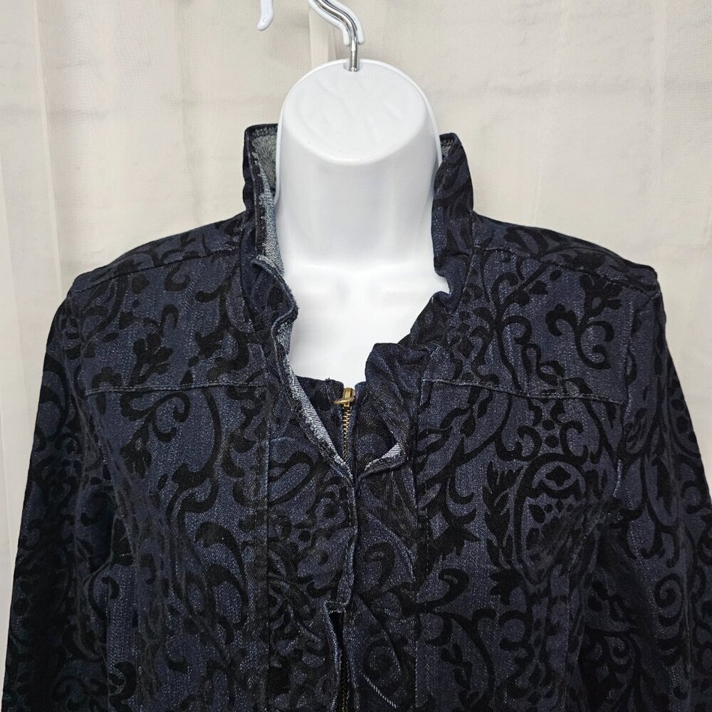 Tantrums Blue Black Velour Flocked Denim Jacket Zip Ruffle Boho M - Picture 4 of 14